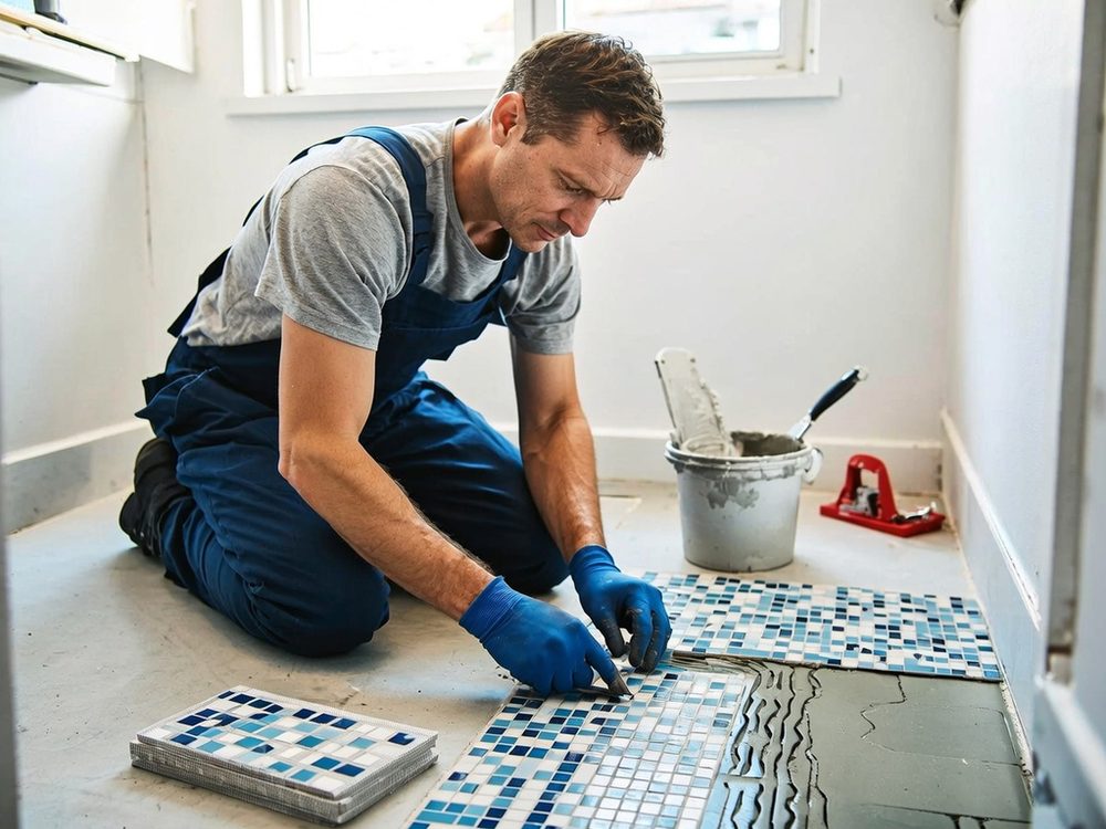 Fliesenleger beim Verlegen von Mosaikfliesen in einer sanierten Wohnung