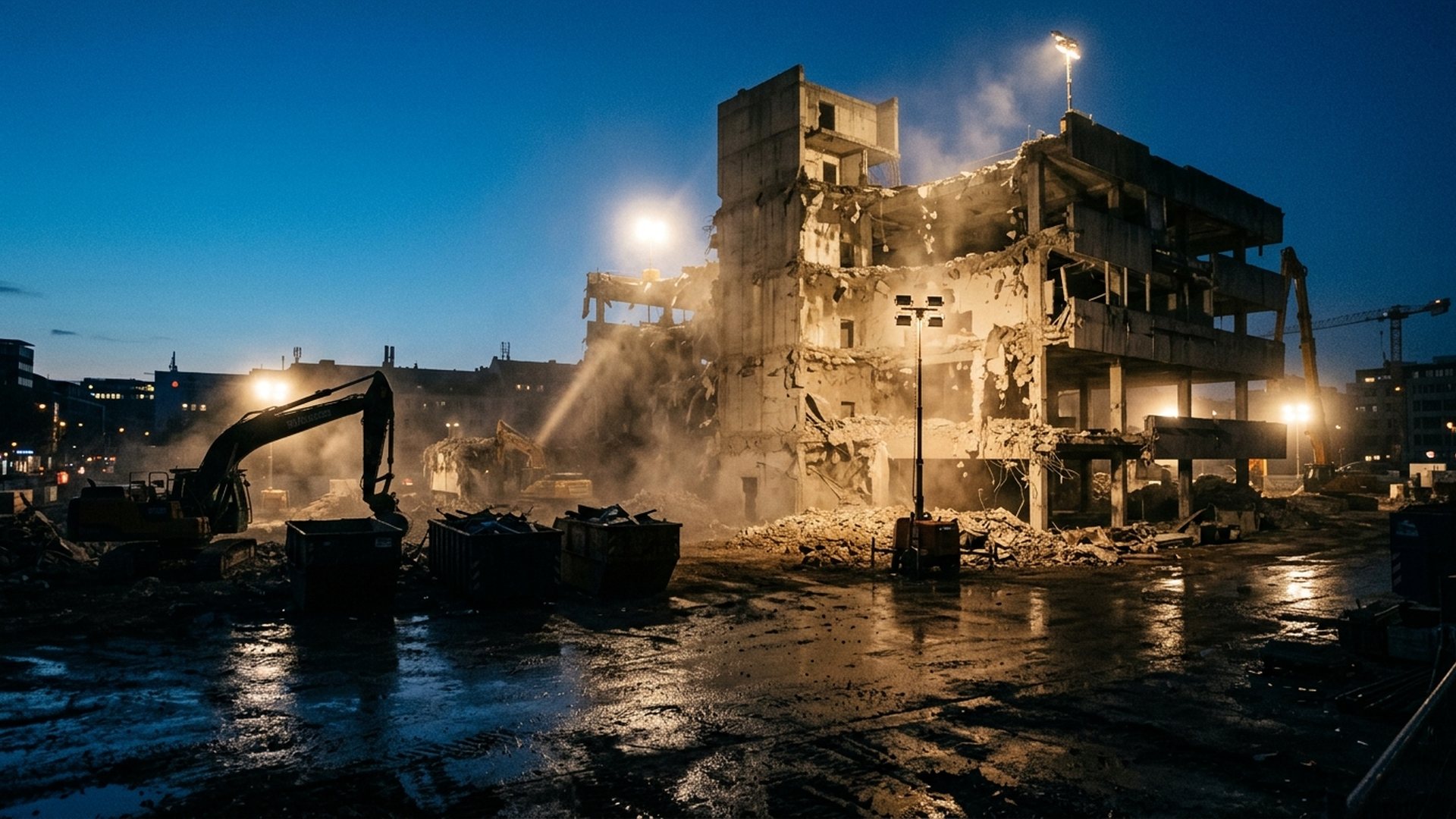 Abbruchbaustelle in der blauen Stunde: ein teilweise zurückgebautes Gebäude im Scheinwerferlicht, davor Bagger und Abrollcontainer